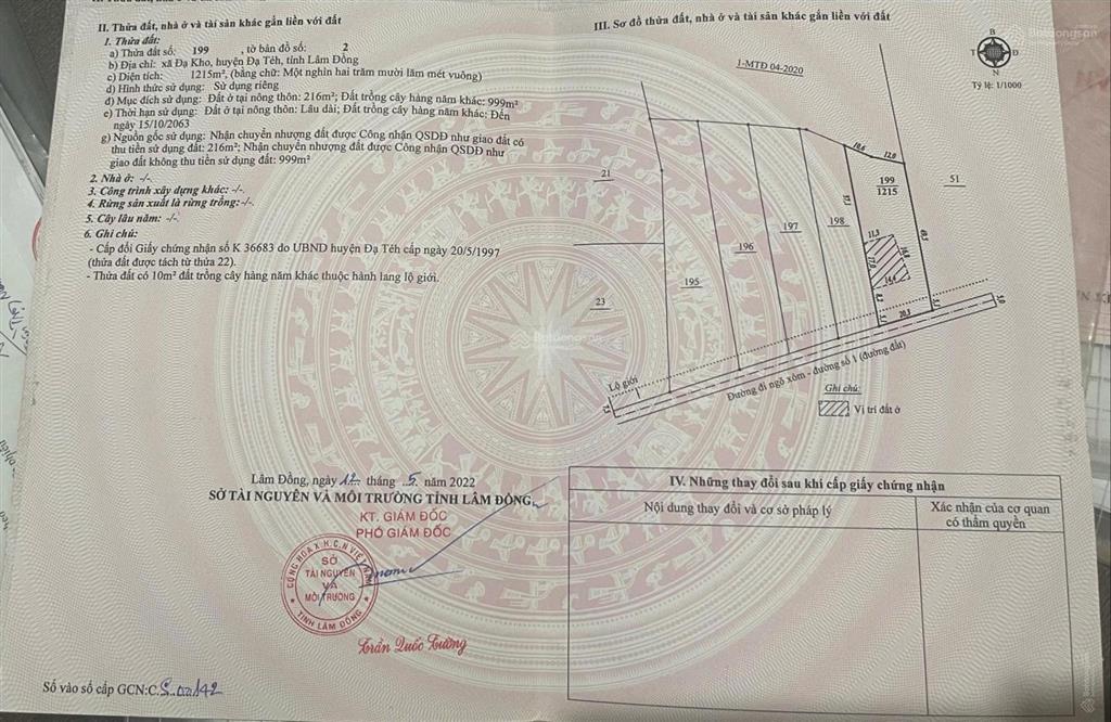 Bán lỗ 1,85 ha đất mặt tiền 146m ngang đường ô tô cách tt thị trấn đạ tẻh 1,6km, đã tách 6 sổ
