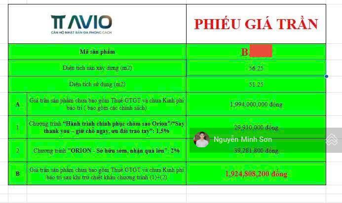 Tt avio giỏ hàng sẵn căn 2pn1wc 56m2 đơn giá 35tr/m2 hưởng ưu đãi chiết khấu 4%