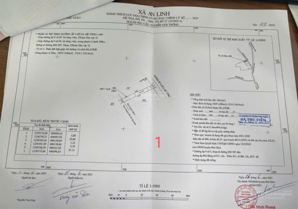 Chỉ 760 triệu sở hữu ngay lô đất 248.4m² có thổ cư mặt tiền đường bê tông, an linh, phú giáo