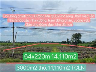 Cần bán đất nền thạnh hoá long an, giá 56 tỷ, diện tích 12391m2, mặt tiền 64m ql62, đường lớn 30m