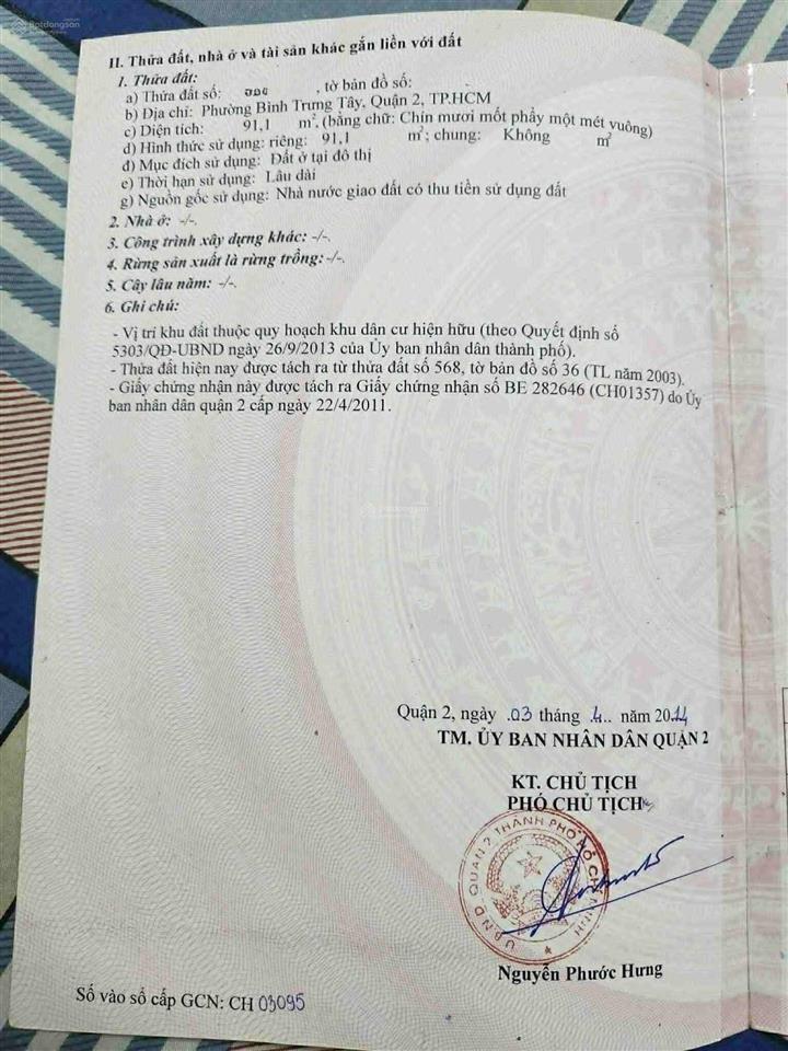 Đất 91m (5.3x17.1 vuông,shr) 1/ lê văn thịnh, p bình trưng tây ,q2 (6ty290)