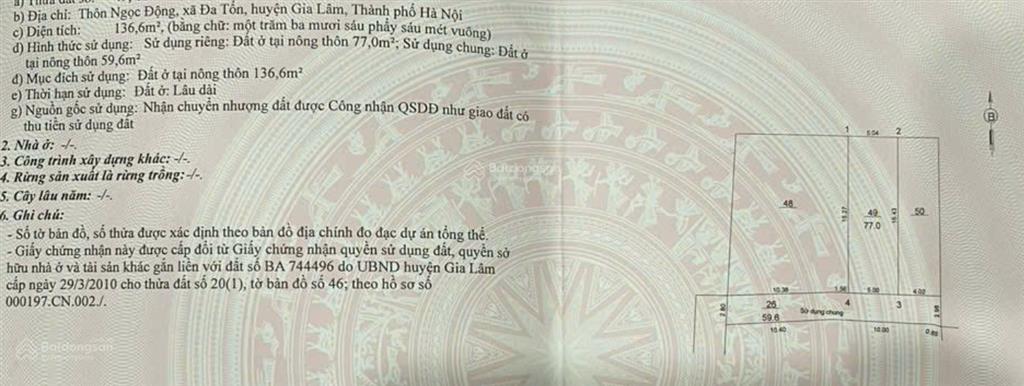Bán 77 m2 đất tại ngọc động, đa tốn, gia lâm, hà nội giá tốt 70tr/m2