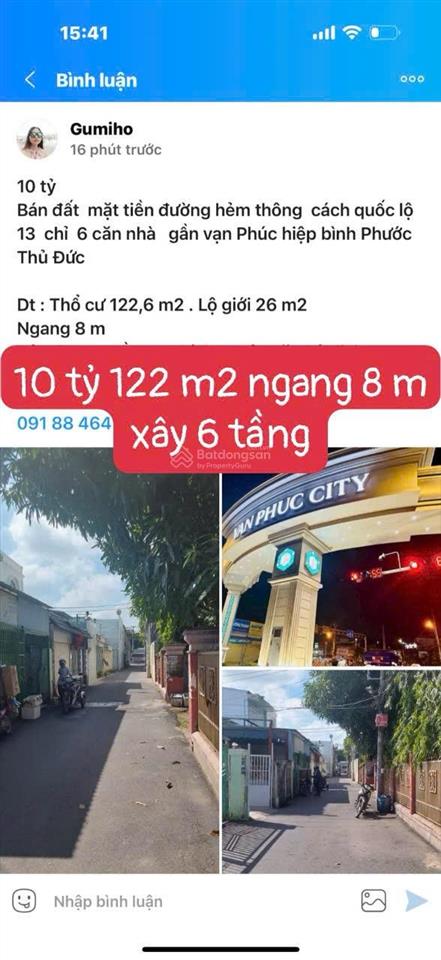 11 tỷ bán đất mt hẻm thông 6 m gần vạn phúc hiệp bình phước thủ đức thổ cư 122,6 m2 .xây 6 tầng