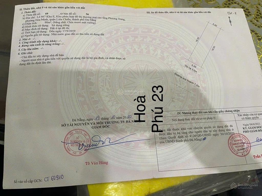 Bán đất mặt tiền hòa phú 23 khu e liên chiểu đà nẵng ,diện tích 90m2 giá 5.55 tỷ 0896 620 ***