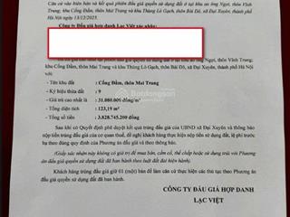 Đấu giá cống đầm. phú xuyên bên em trúng lô góc số 9 dt 123.19m2. trúng 31tr/m chênh 200tr