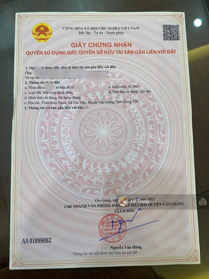 Bán đất thổ cư 47,4m2 gần ecopark, cách đhbk cs2 500m, đường 4m, xã tân tiến, văn giang, hưng yên