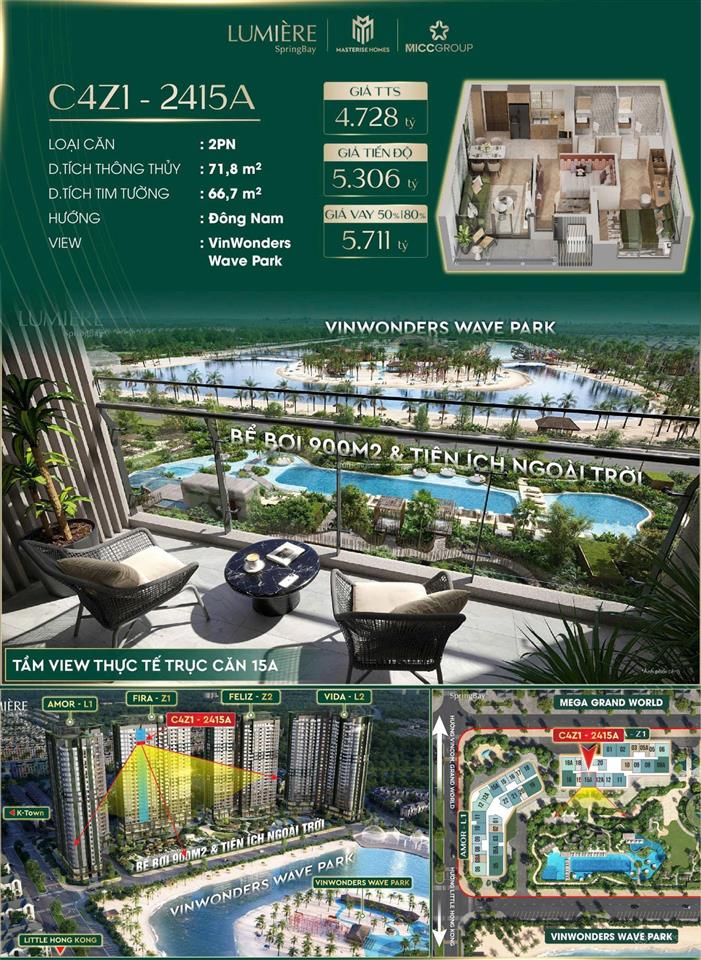 Căn 2pn 2wc rộng 72m2, ban công đông nam, view trực diện bể bơi, hồ tạo sóng ocp2. 0907 351 ***