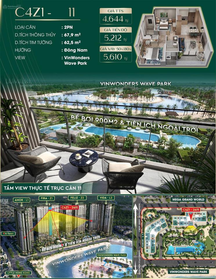 Căn góc 2pn rộng 68m2, ban công đông nam, view trực diện bể bơi, hồ tạo sóng ocp2. 0907 351 ***