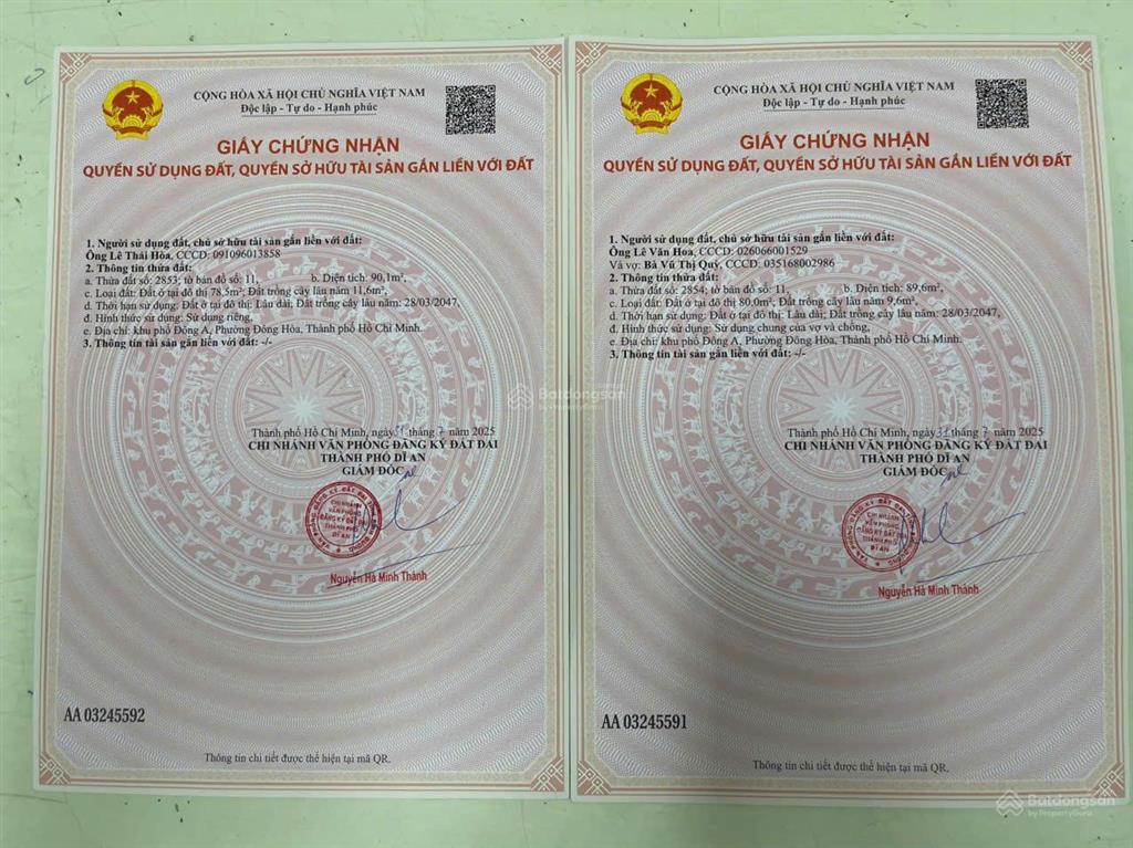 Chính chủ cần bán 2 lô đất tại phường đông hòa, dĩ an, bình dương 90m2 giá 3.850 tỷ