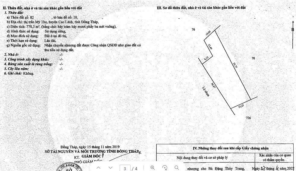 Ngân hàng phát mại lô đất 8808,4m2 (có 770,3m2 đất ở) giá rẻ tại tt mỹ thọ ( ms dương)