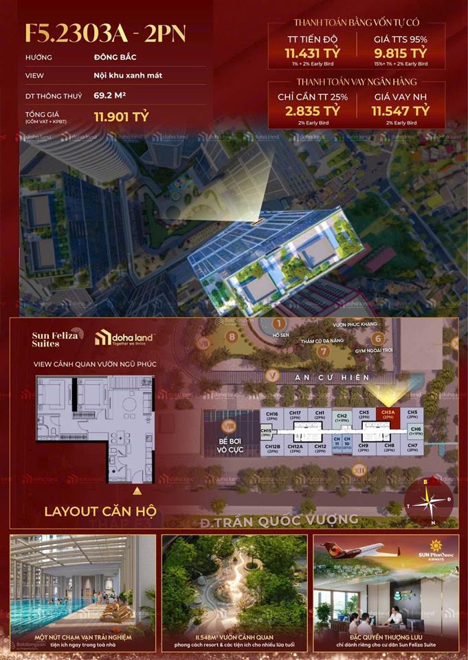 Bán gấp căn hộ tầng 23 2pn 2wc tại sun feliza suites, 9 tỷ vnd, 70m2