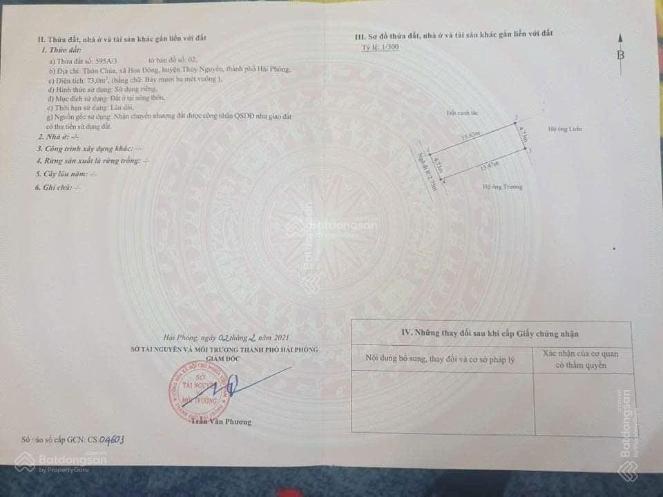 Bán đất đẹp tại thôn chùa, hoa động, thủy nguyên, hải phòng, 73m2. gần hoàng huy và doji