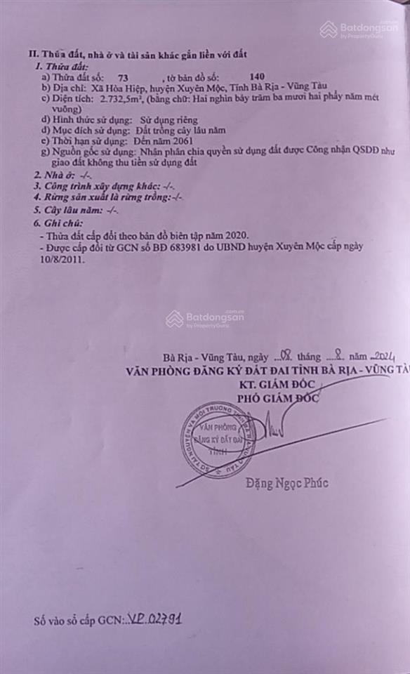 Bán đất tại xã hoà hiệp, huyện xuyên mộc, bà rịa vũng tàu, 4.3 tỷ, 2732 m2, giá cực chất