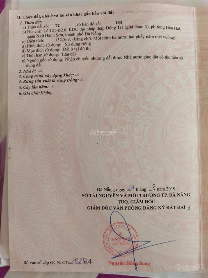 Bán gấp lô đất mt thích phước huệ, hòa hải, ngũ hành sơn, đà nẵng, 6,1 tỷ, 132,5m2