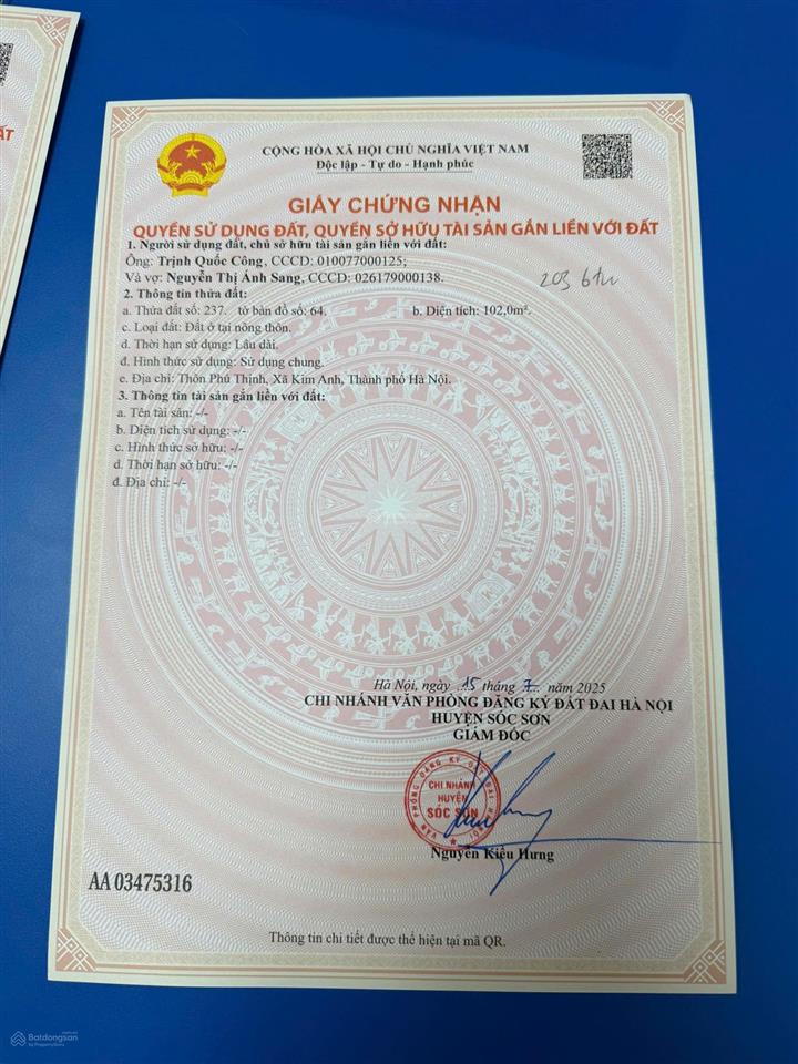 Cc cần thanh khoản lô đất 102m² full thổ cư phú thịnh  minh phú  sóc sơn