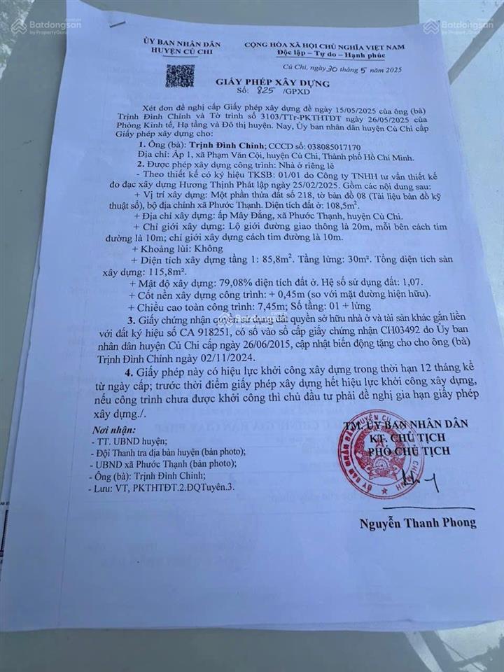 Chủ gửi 717m2 có 108m2 đất tc. 48m mt khu dân cư đất sạch sẽ đường xe hơi tặng giấy phép xây dựng