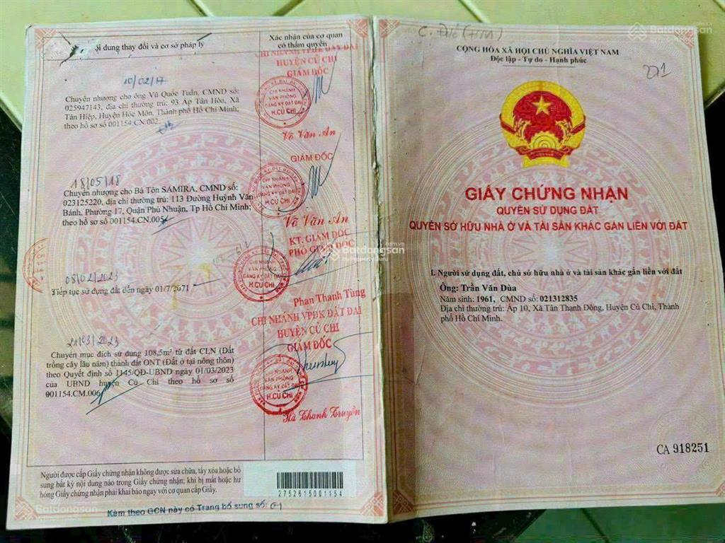 Chủ gửi 717m2 có 108m2 đất tc. 48m mt khu dân cư đất sạch sẽ đường xe hơi tặng giấy phép xây dựng