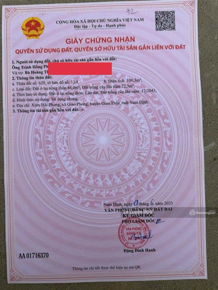 Chính chủ cần bán gấp lô đất tại giao phong  giao thuỷ  nam định  giá 22.5tr/m2