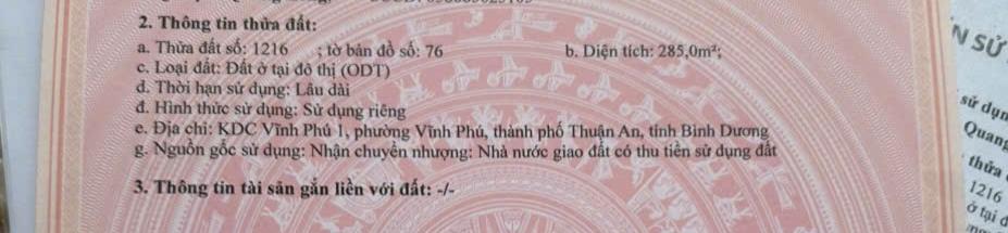 Đất biệt thự khu dân cư , 285m2 odt ( giáp thủ đức, hcm)