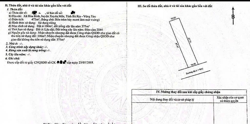 Bán đất 475 m2 mt nhựa, kdc xã hoà bình
