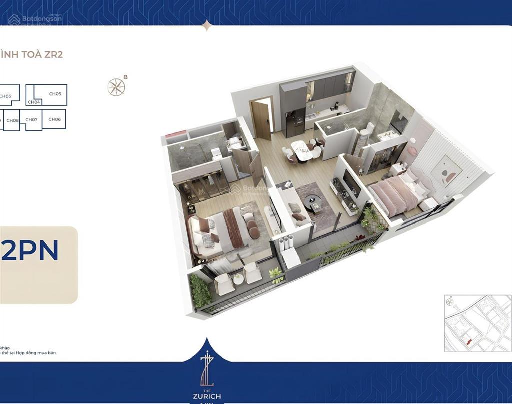 Chính chủ bán căn hộ 2pn tòa zurich 3, hướng đông nam, view đẹp, giá tốt chỉ 57 triệu/m²