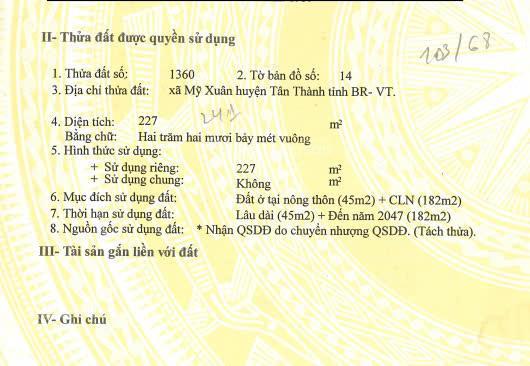 Chủ nhà bán lô đất 227m2 đất thổ cư gần bách hóa xanh p. mỹ xuân thị xã phú mỹ, bà rịa vũng tàu