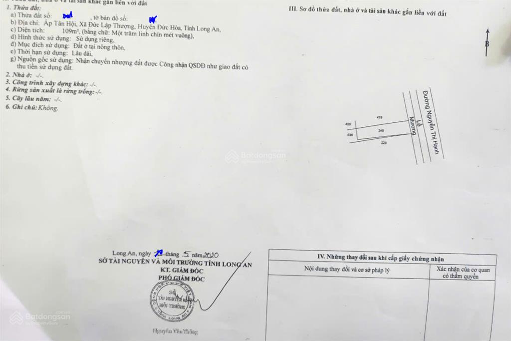 Bán thổ vuông đẹp 216m2 mặt lộ nguyễn thị hạnh, đức hòa, 3 tỷ vnd