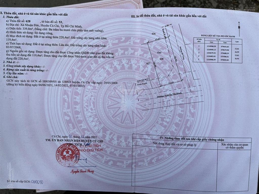 Góc 2 mặt tiền kinh doanh đường nguyễn thị rành, củ chi, 12x28m 339m2, shr,1 tỷ 6 hỗ trợ vay bank