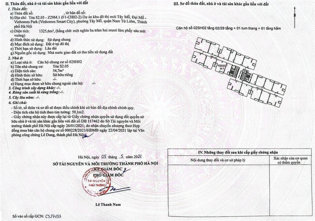 Bán nhanh cc vinhomes smart city, 2n, 55 m2 (chính chủ)