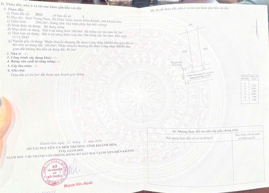 Bán gấp lô đất đẹp thôn trung nam, xã diên toàn, diên khánh gần trục đường chính võ nguyên giáp