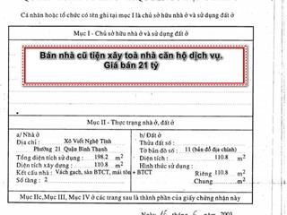 Nhà cũ hxh 294 xô viết nghệ tĩnh, phường 21 bình thạnh. diện tích 4,6x25m công nhận 110m2 giá 21 tỷ