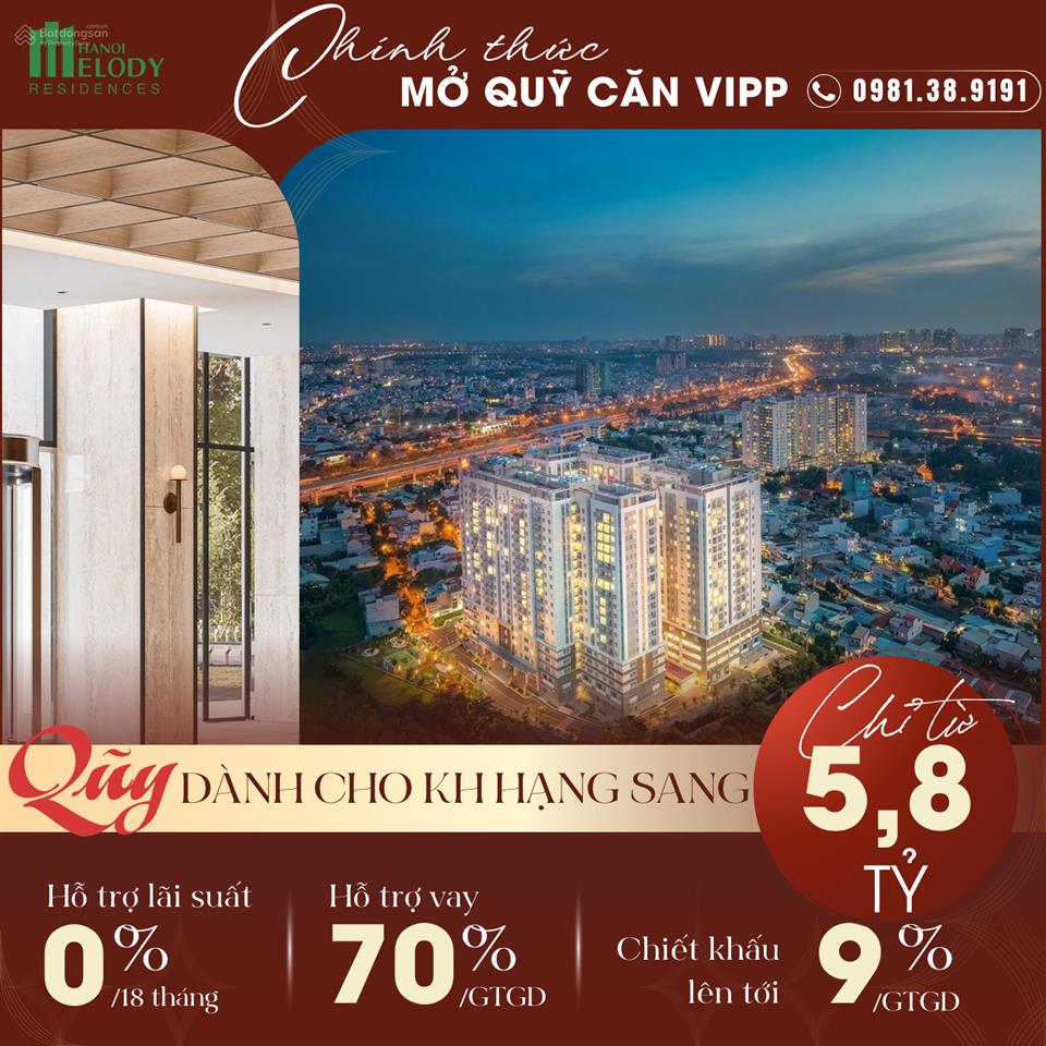 Qũy căn mở bán đợt cuối hà nội melody residences, hỗ trợ 0%, ck 9%, bàn giao tháng 10/2026