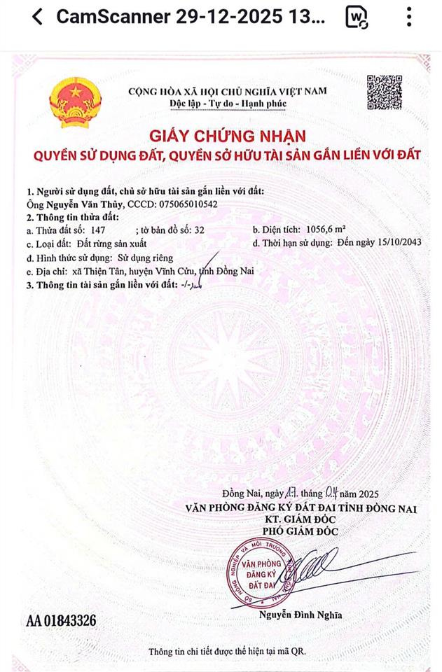 Bán lô đất mt đường sở quýt, ấp vàm xã thiện tân (p. trảng dài), đồng nai