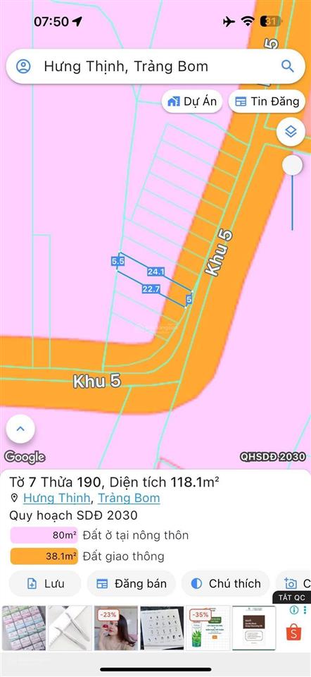 890tr giá bán nhanh cho lô mặt tiền đường nhựa hưng thịnh ( trảng bom ) đồng nai