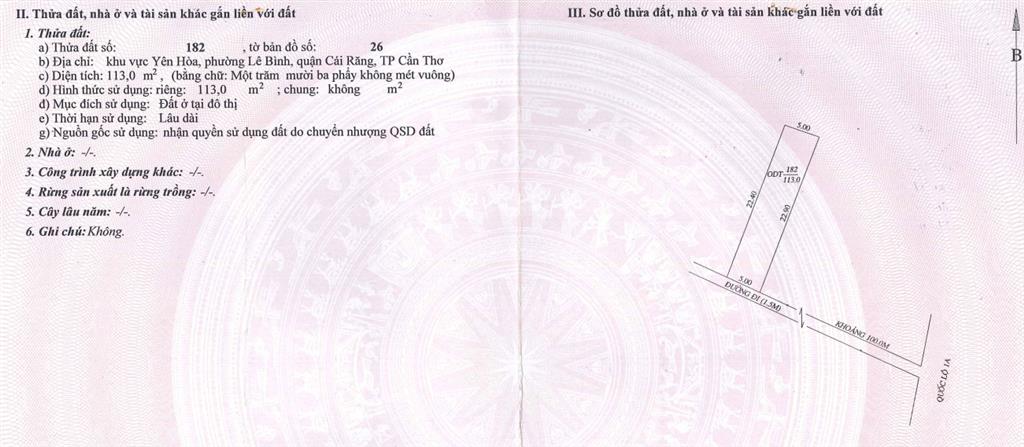 Bán 113m2 odt tại khu vực yên hòa, p. lê bình, q. cái răng, tp. cần thơ