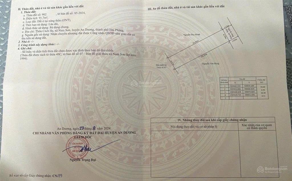 Bán lô đất 91m2 tại cách hạ, nam sơn, an dương, hải phòng