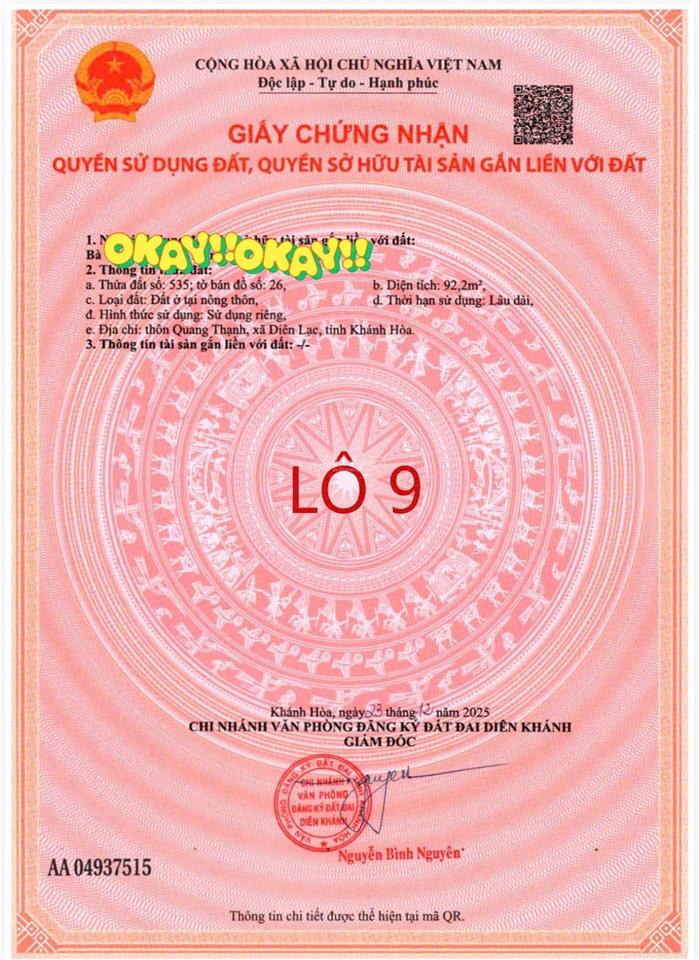 Diên lạc(diên hoà cũ) vị trí cực đẹp đối diện cây xăng hưng thịnh dt 92,2m2 ngang 5m full thổ