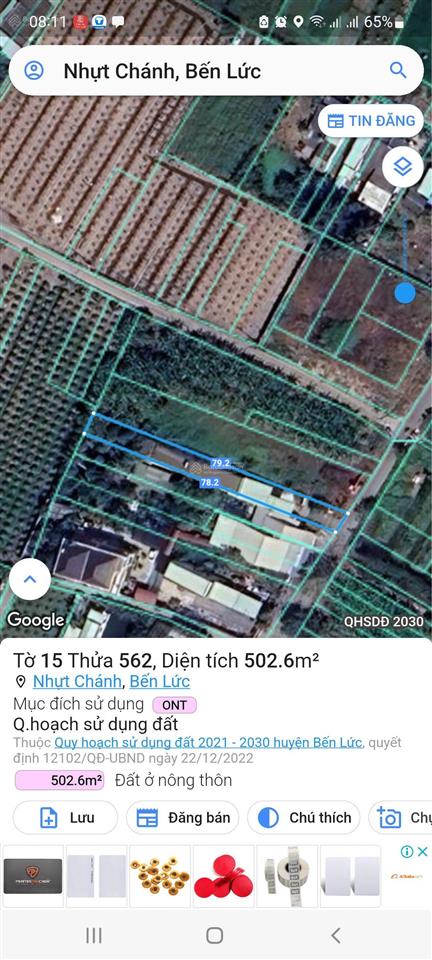 Đất nền 502.6m2 tại đường nhựt chánh mỹ bình, ấp 3, xã nhựt chánh, bến lức, long an, giá 3 tỷ