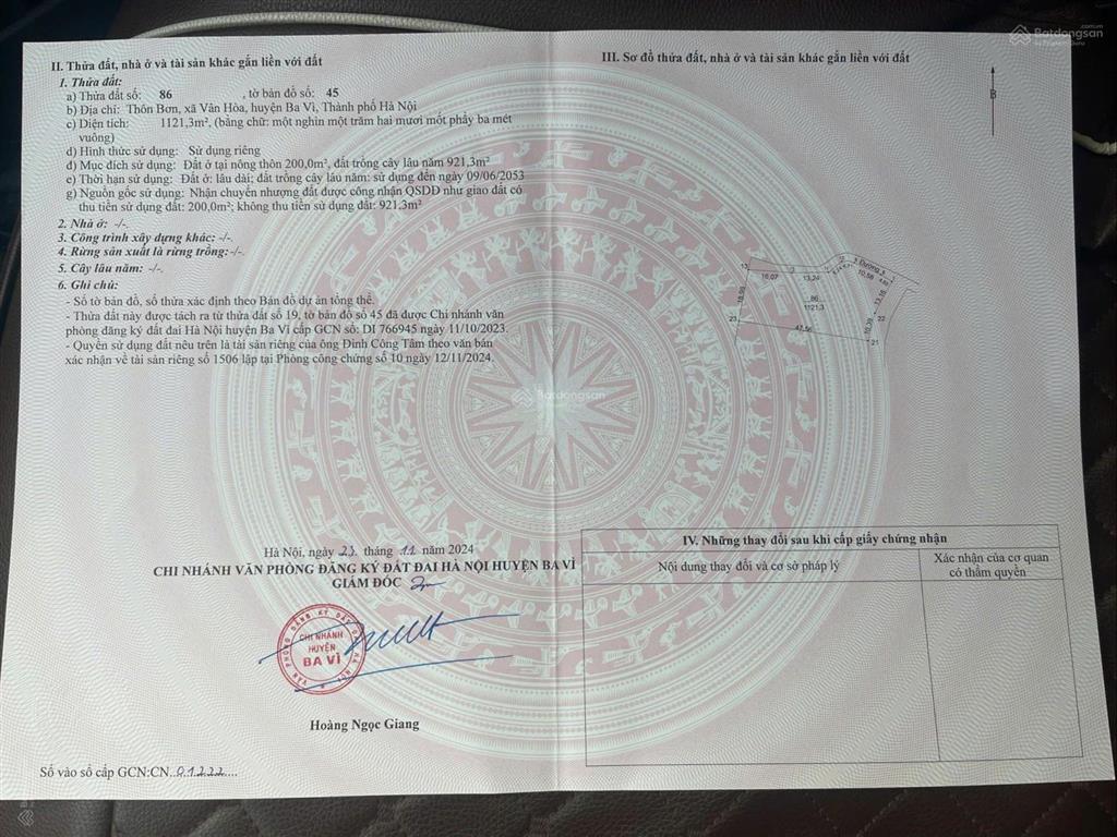 Bán nhanh lô đất 1121m2 thổ cư 200m2 lô góc hai mt tại vân hòa, yên bài mới, ba vì, hà nội