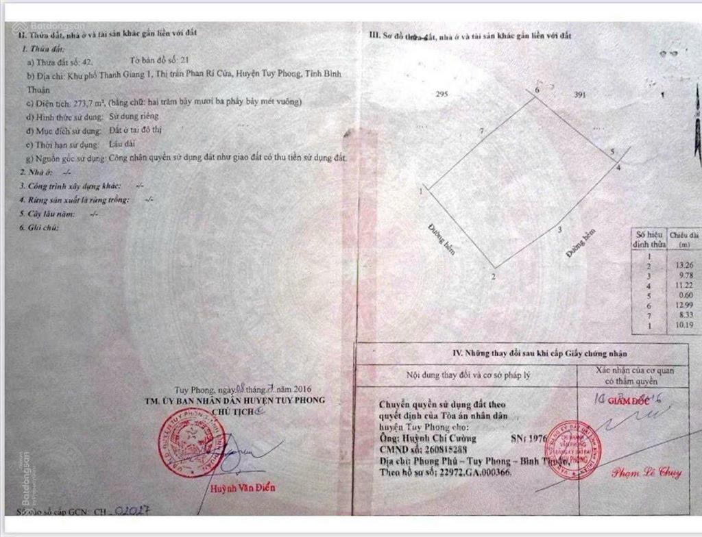 273,7 m2 đất thổ cư 100%  sổ đỏ  trung tâm thị trấn phan rí cửa cách biển 15 phút  đường bê tông