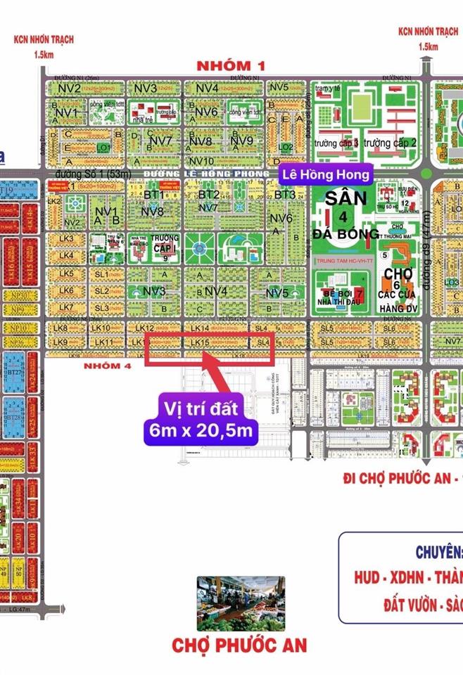 Bán đất dự án hud nhóm 4 nhơn trạch, đồng nai dt 123m² (6x20.5m) đường 16m  giá chỉ nhỉnh 14tr/m2