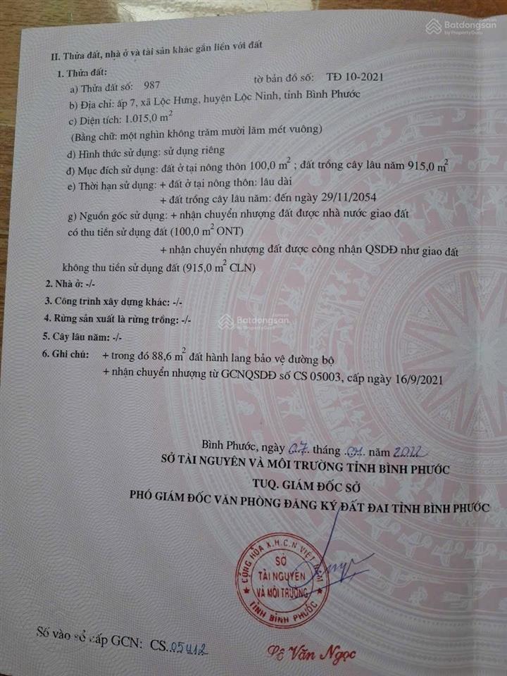Cần bán gấp lô đất tại lộc hưng, lộc ninh diện tích hơn 1.000m² (có 100m² thổ cư)
