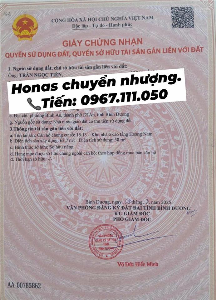 Bán ch 2pn, 2wc, giá cực chất 1 tỷ 850 triệu, 65m2 ở honas residence, dĩ an, bình dương
