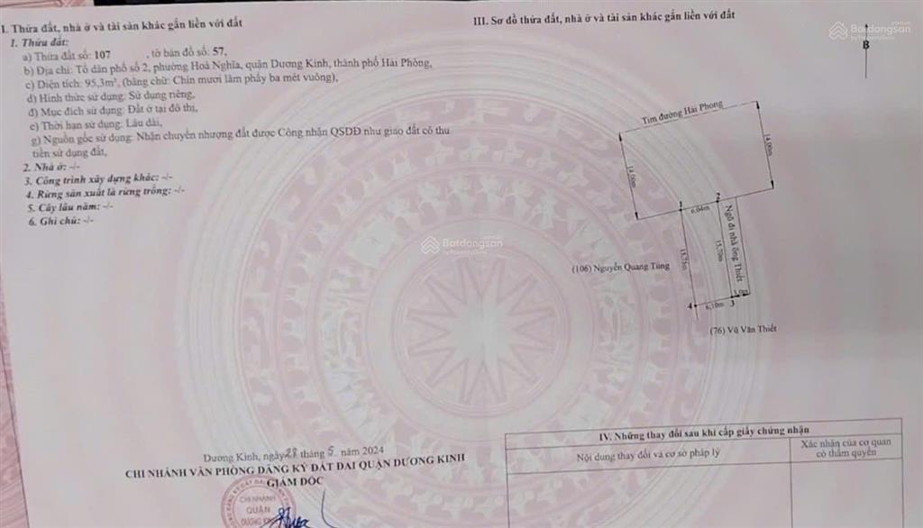 Bán lô góc 95,3m2 ngang 6m tại hải phong hoà nghĩa dương kinh hải phòng. cạnh vinhomes