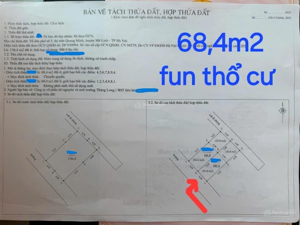 Bán đất tại thị trấn quang minh, mê linh, hà nội, 55 triệu / m2, 68.4 m2, hàng hiếm chỉ với