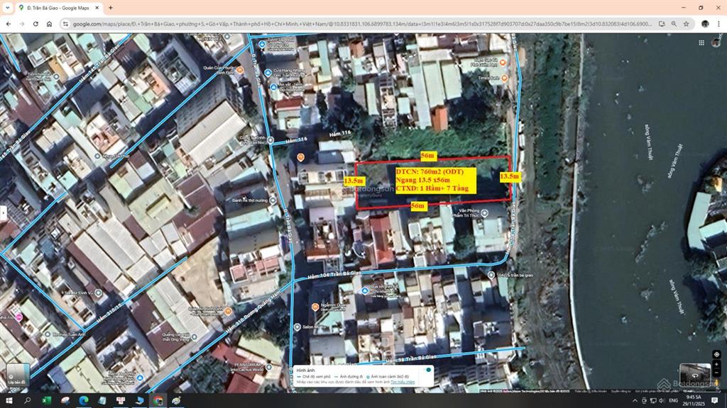 Lô đất view sông vàm thuật, trần bá giao (dt 13.5x56m), cn 760m2, gpxd 1 hầm + 7tầng, giá 74 tỷ