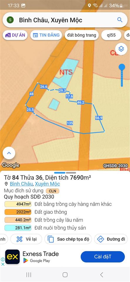 Bán đất 2 mặt tiền đường tại bình châu, xuyên mộc dt 1.5 ha, gần suối khoáng, chỉ 40m ra đường 991