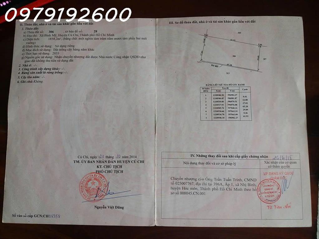 Chính chủ cần bán lô đất đường 167 - xã Bình Mỹ, huyện Củ Chi. DT 1.858m2, giá đầu tư