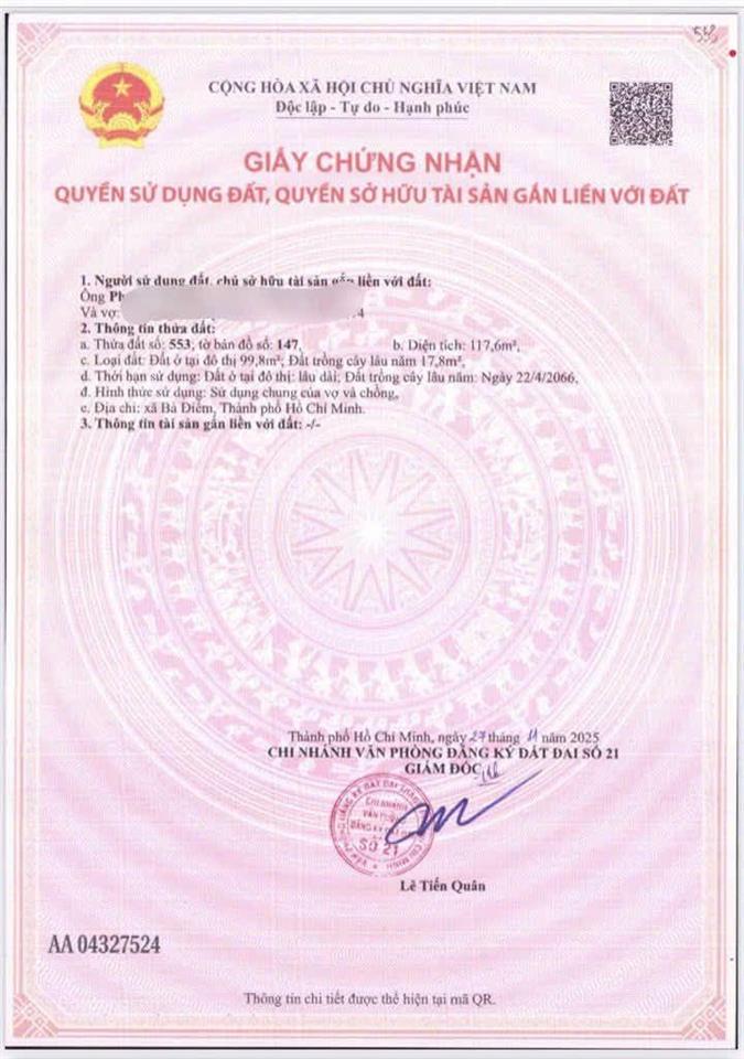 Đất thổ cư kdc đường nhựa 8m xã bà điểm  giá f0