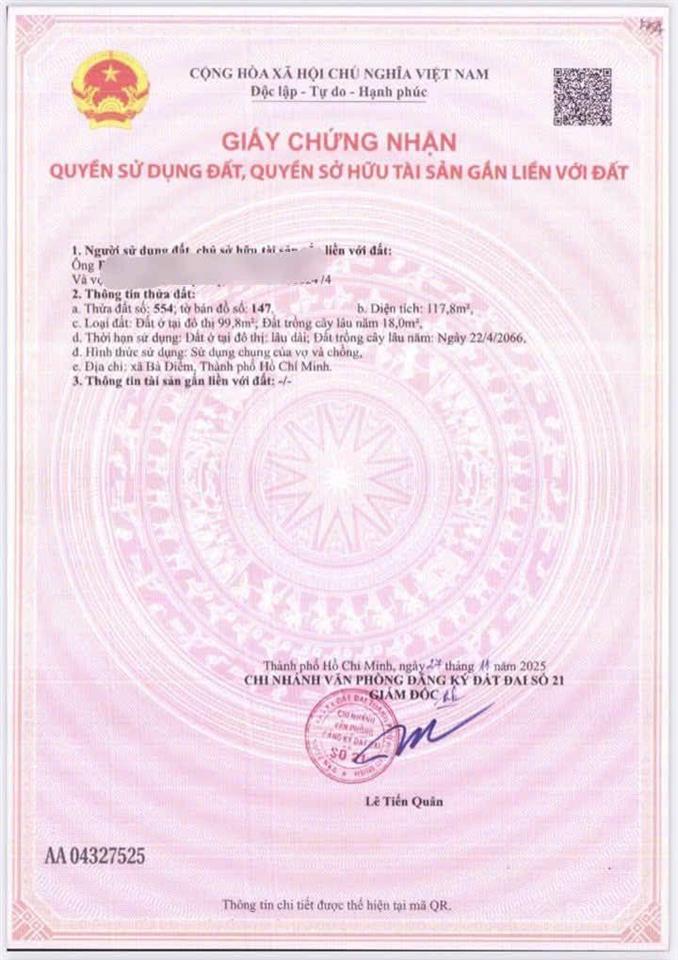 Đất thổ cư kdc đường nhựa 8m xã bà điểm  giá f0